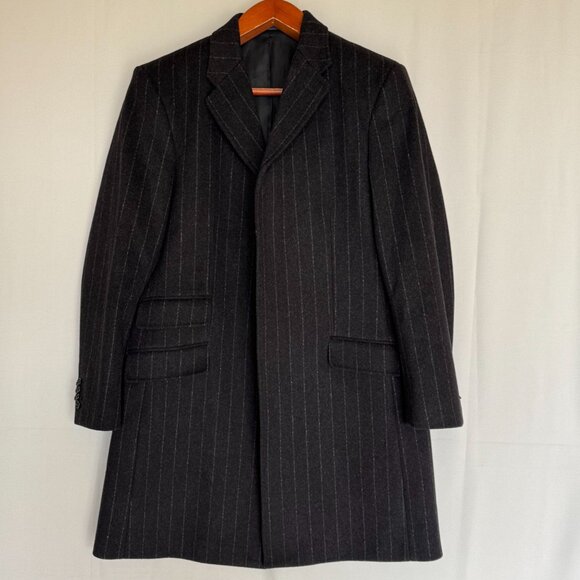 Vintage Y2K Banana Republic Wool Blend Dark Gray Pinstripe Over Coat Size Large - Picture 1 of 14